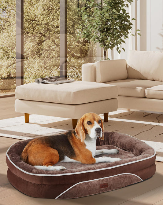Orthopedic Dog Bed for Large Dogs Dog Couch Design with Egg Foam Support Removable Machine Washable Plush Cover and Non-Slip Bottom with Four Sided Bolster Cushion (Brown)